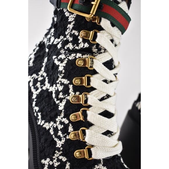 Gucci Black White GG Logo Tweed Lace Up Tie Block Heel Lug Sole Combat Boot 36.5 - Picture 9 of 16